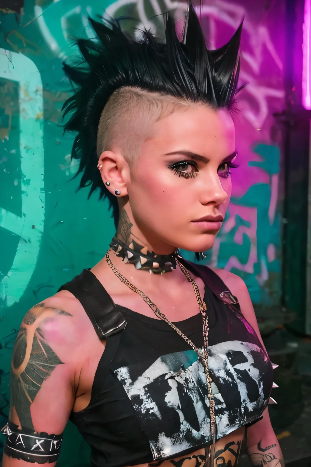 Photorealistic, ultra-detailed, ((Rocker punk girl, spiky mohawk hair)) girl, portrait photo, Solo, dimly lit room, edgy urban scene with graffiti, dark and moody, late evening, city lights flashing, neon lighting The essence of rock and roll, fringe hair, 18 years old, assertive, confident expression, showcasing multiple piercings, blurry background, Crystal clear eyes gleaming with passion, analogue style, grunge texture, Best contrast, industrial, Instagram LUT, Professional, 4k, electrifying gaze, shot on Nikon, 50mm, shallow depth of field,  ((Abandoned Graffiti Wall Background, cinematic lighting )).