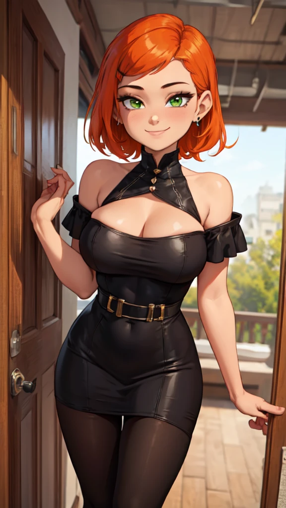 1 girl,(solo), (masterpiece:1.2), (high quality:1.0),looking at viewer, (ultra detailed),smile,short orange hair, green eyes, Gwen Tennyson, off shoulder dress, (thick tights:1.3) (big breasts:1.3)