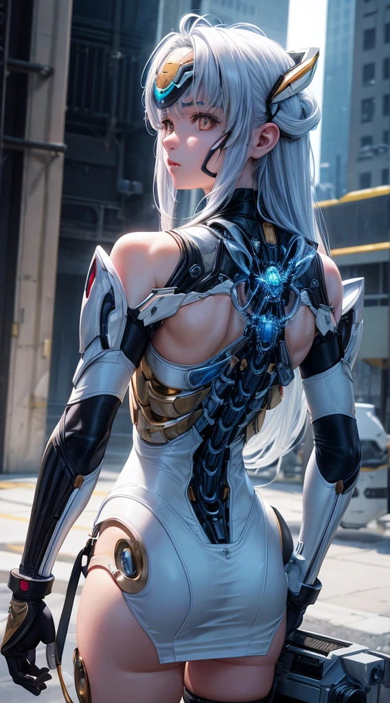 top-quality、​masterpiece、超A high resolution、(Photorealsitic:1.4)、女の子1人、Light blue hair、Straight hair, shiny and clean hair、White shiny skin、Sexy Cyberpunk Girl、((super realistic details))、Shadow、octan render、ultrasharp、hyperdetailed face、Fiberglass、Luminous tube、highly intricate detail、Realistic light、CGSoation Trends、((Golden Eyes))、(Facing the camera)、neon detailechanical limbechanical vertebrae attached to the back、mechanical cervical attaching to neck、Wires and cables connecting to the head、((valkyrie))、((Beam Cannon))、Combat stance