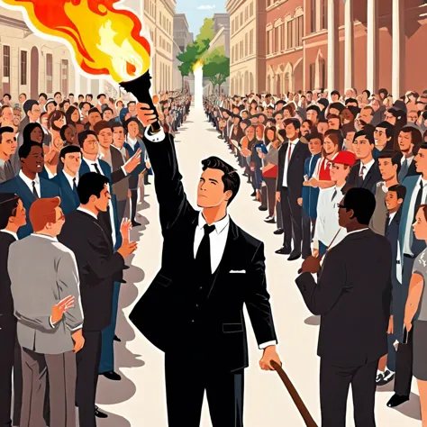 vector art , guy in a black suit ,raising a flaming torch in hand, surrounded by group of people