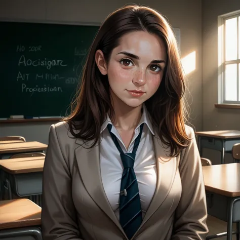 (gege:1.8), brunette, brown eyes, woman, (freckles:1.5), 35-year-old woman, ((in the classroom)), ((school uniform)), raw photo,...