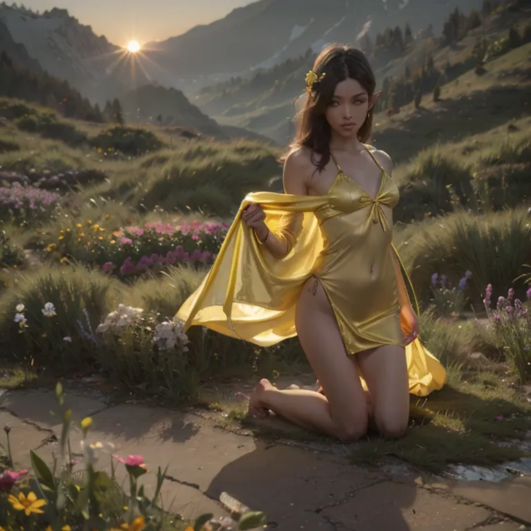 a sun elf, wearing only a sheer golden silk negligee greets the dawn kneeling and praying on a high mountain flower garden