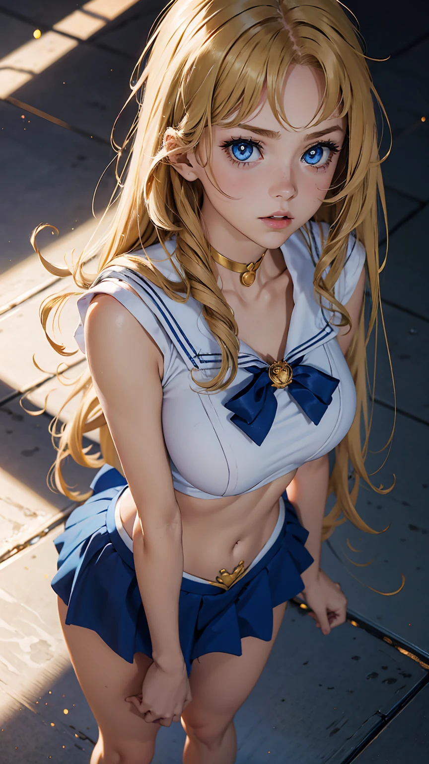 Sailor Moon, 1 girl, blonde hair, long hair, blue eyes, detailed eyes, simple background, female focus, alone, standing, Usagi Tsukino, portrait, full body, (Masterpiece:1.0), (best quality:1.0), (8k wallpaper:1.0), (detailed beautiful face:1.0), (detailed deep eyes), deep eyes, looking at viewer, sailor explorer, red bow on chest, blue skirt, white gloves, big breasts, bare abdomen , pink panties, upskirt panties,