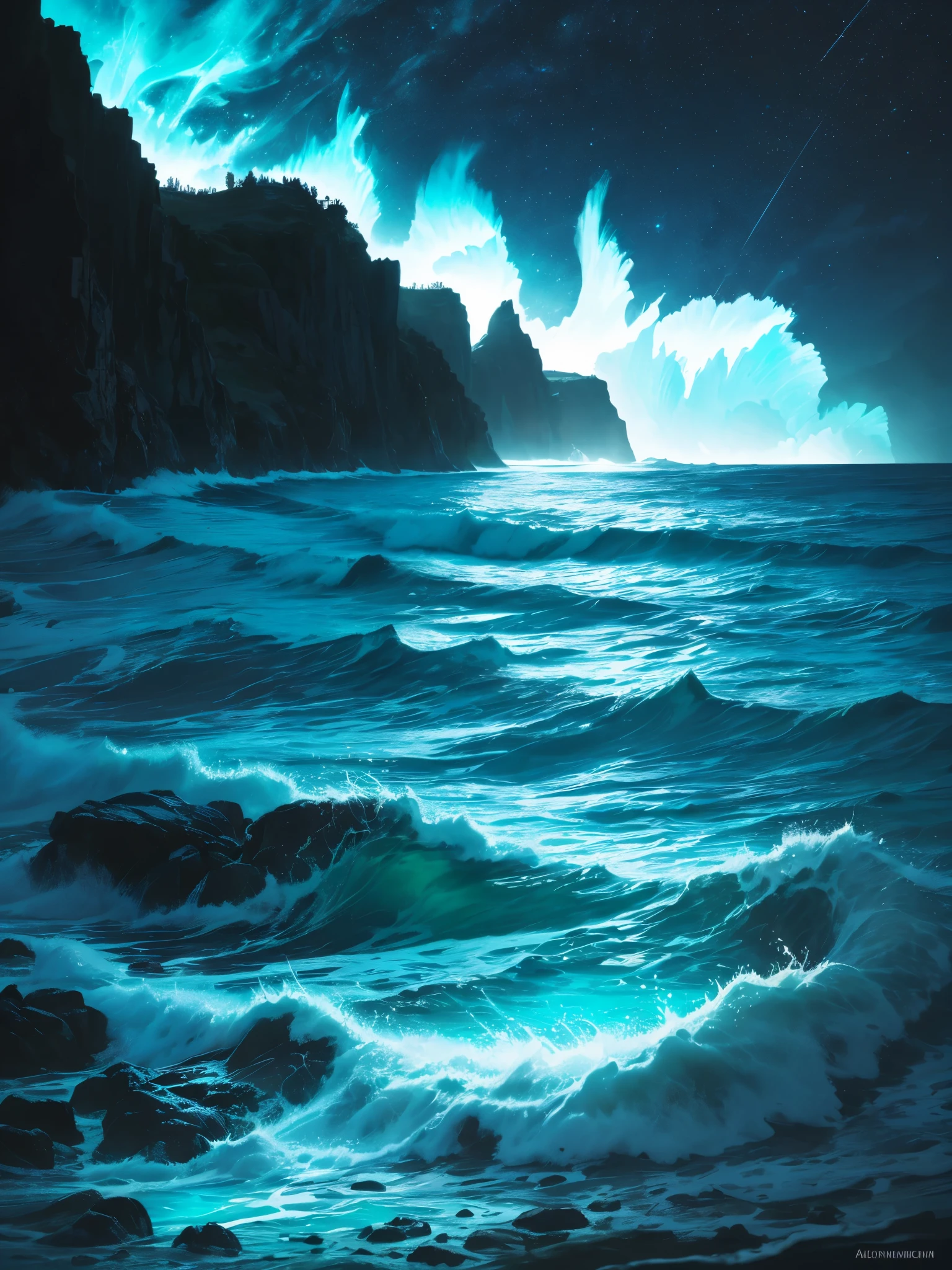 a close up of a beach with a light on the shore, a photorealistic painting by Alison Geissler, tumblr, conceptual art, makes the sea area glowing water, blue bioluminescence, bright blue glowing water, glowing water, glowing blue, glow wave, bioluminescent glow, [ bioluminescent colors ]!!