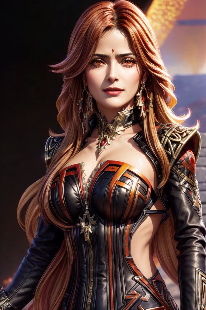 A adult girl in realistic portrait of high quality and detail, dark anime style, Mavuika (Genshin Impact), Salma Hayek, 25 years old, the sky is ablaze with bright flames in the background, depth of field, magic, big red lips, ((red and yellow eyes)), black and red full clothes, covered chest, mystical atmosphere, ominous shadows, Intense blue aura, Intense red aura (best quality:1.2), absurdres, intricate details, (highly detailed skin:1.2), smile expression, posing, taut and well defined body, attractive. Highly realistic, tanned skin, beautiful, hyperrealism, skin very elaborated, direct gaze, Aztec style, rectangular sunglasses, glow, eye shadow, 1girl, Depth & Perspective, smiling on her face, fine face, She is standing in the middle of the battle arena, outdoors, Aztec pyramid on the background, looking at viewer, (ultra-high detail:1.2), Masterpiece, Best Quality, Ultra-detailed, Cinematic lighting, 8K, delicate features, cinematic, 35 mm lens, f/1.9, highlight lighting, global lighting –uplight –v 4, cinematic, Cinematic lighting, 8K, high quality, Highest Quality, (Solo Focus), (extremly intricate:1.3), (Realistic), masterful, Analog style, (Film grain:1.5), (warm hue, cold tone), 