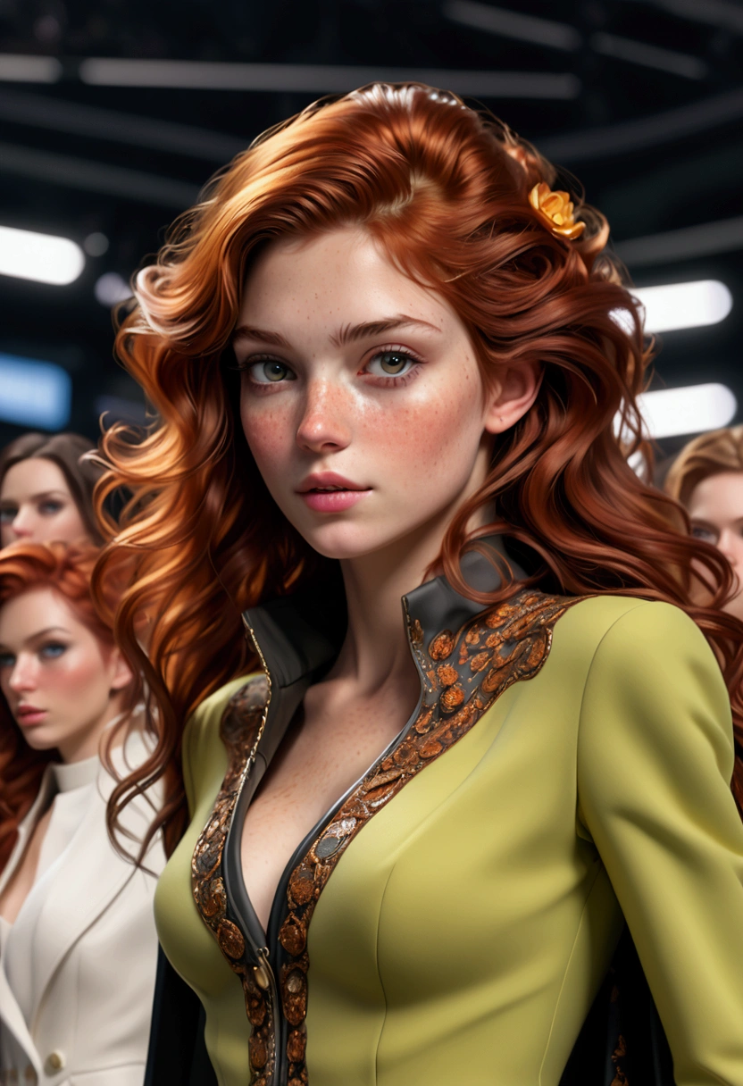  (GeGe:1.9), (woman), (brunette), (brown eyes), (freckles:1.5), Create a breathtaking, ultra-high-definition image in 16K resolution that captures the elegance and innovation of a high-fashion runway scene, with a realistic photo aesthetic. | Visualize a stunning red-haired supermodel with flowing hair, beautiful eyes, an aquiline nose, and cute freckles across her cheeks. She exudes confidence and grace as she walks down the runway in avant-garde clothing. Her outfit is a bold and innovative design, blending unique fabrics, shapes, and textures to create a captivating and artistic ensemble. | The scene is set on a high-fashion runway, with dramatic lighting that highlights the model and her outfit. The background features an audience of fashion enthusiasts and critics, seated in rows, their attention focused on the model. The runway itself is sleek and reflective, adding a modern and sophisticated touch to the scene. | Capture the model in a dynamic pose, showcasing the movement and flow of her avant-garde attire. Her expression should convey a sense of poise and allure, as she confidently strides down the runway. The camera angle should emphasize her full body, highlighting the intricate details of her outfit and her statuesque figure. | The overall ambiance should integrate vibrant colors and rich details, creating a sense of depth and immersion in this high-fashion world. Ensure anatomical correctness, with a focus on ultra-detailed textures and high-quality rendering, capturing every nuance of the model's appearance and the avant-garde fashion design. This masterpiece should embody the spirit of innovation and elegance, immersing viewers in its lifelike depiction. | Keywords: (brown-haired supermodel:1.3), ((realistic photo)), ((cute freckles):1.2), ((aquiline nose):1.2), ((beautiful eyes):1.2), ((avant-garde fashion)), ((fashion runway)), ((dynamic pose)), ((dramatic lighting)), ((detailed textures)), ((high quality)).