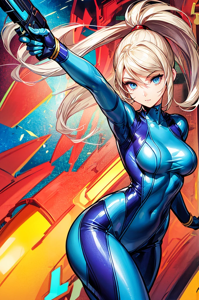 thick outlines, comics, photorealistic, 1girl, solo, dynamic pose, samus, zero suit, blue eyes, ponytail, holding gun with both hands,  inside of a spaceship, futuristic, detailed background, detailed face, detailed eyes, super sexy