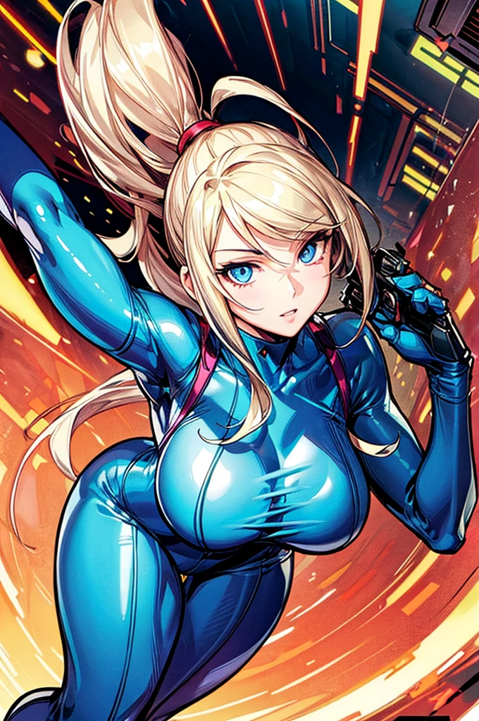 thick outlines, comics, photorealistic, 1girl, solo, dynamic pose, samus, zero suit, blue eyes, ponytail, holding gun with both hands,  inside of a spaceship, futuristic, detailed background, detailed face, detailed eyes, super sexy