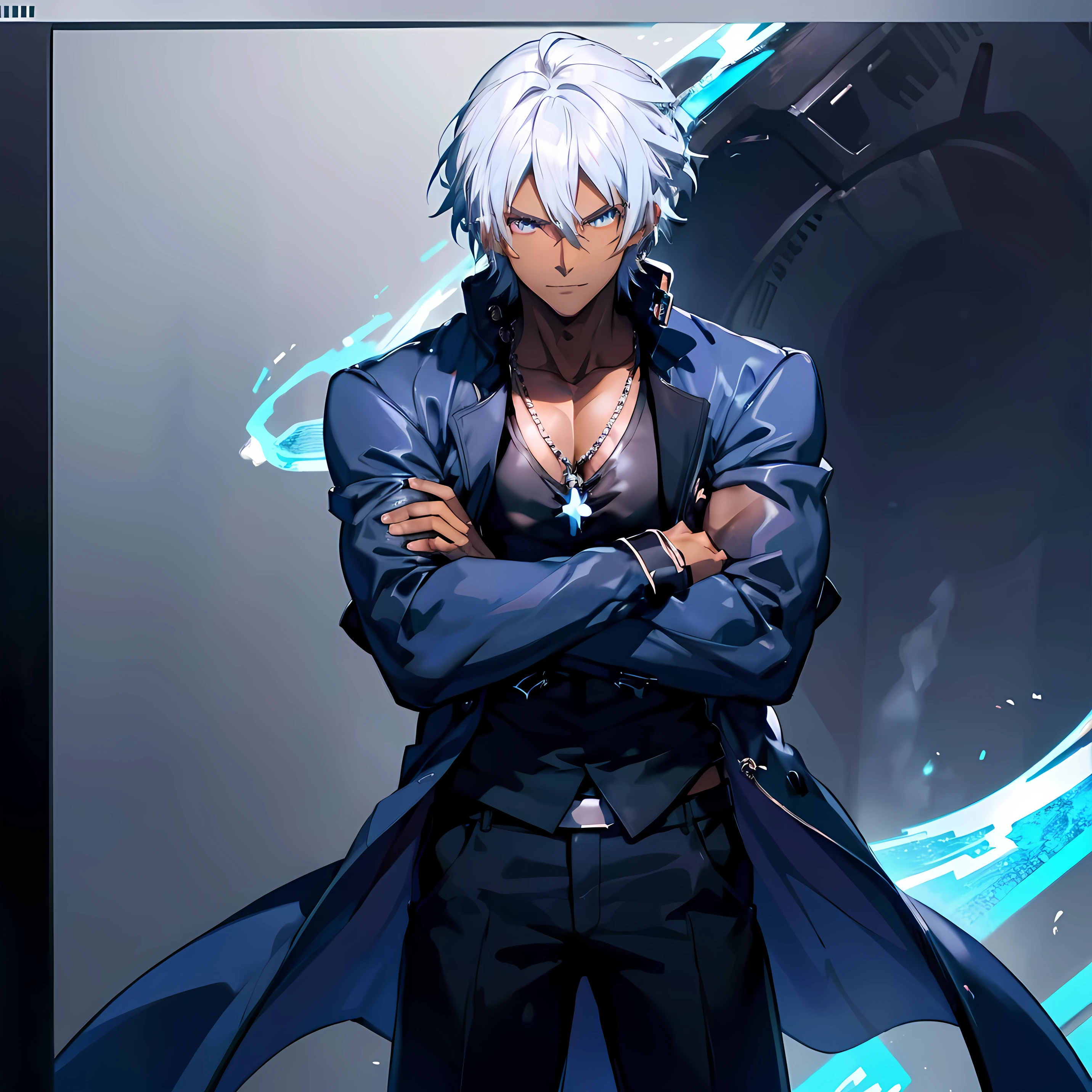 A Dark skinned young anime man, side swept silver hair, fiery light blue eyes, producing blue fire out of his fist, wearing a blue combat trench coat over a black tank top with black slacks and a chain on the hip, steel necklace with a blue dragon pendant around his neck, with sleeves rolled up to his elbows and a cocky smile.