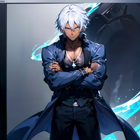 A Dark skinned young anime man, side swept silver hair, fiery light blue eyes, producing blue fire out of his fist, wearing a blue combat trench coat over a black tank top with black slacks and a chain on the hip, steel necklace with a blue dragon pendant around his neck, with sleeves rolled up to his elbows and a cocky smile.