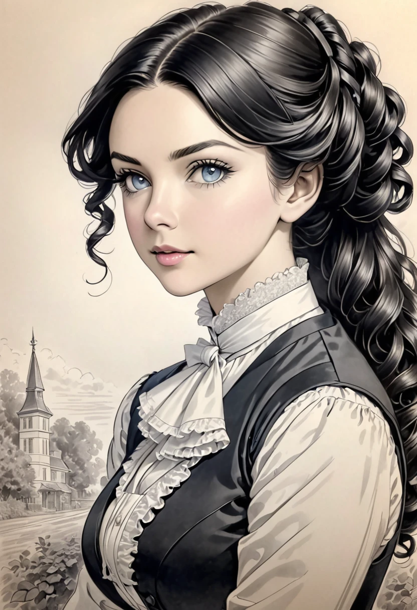 A pencil drawing of a young victorian governess, curly black hair. Kind and inteligent energy.