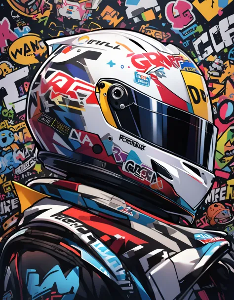 Formula 1 helmet, profile view, stickers and graffiti, letters, 0.1, white helmet black background