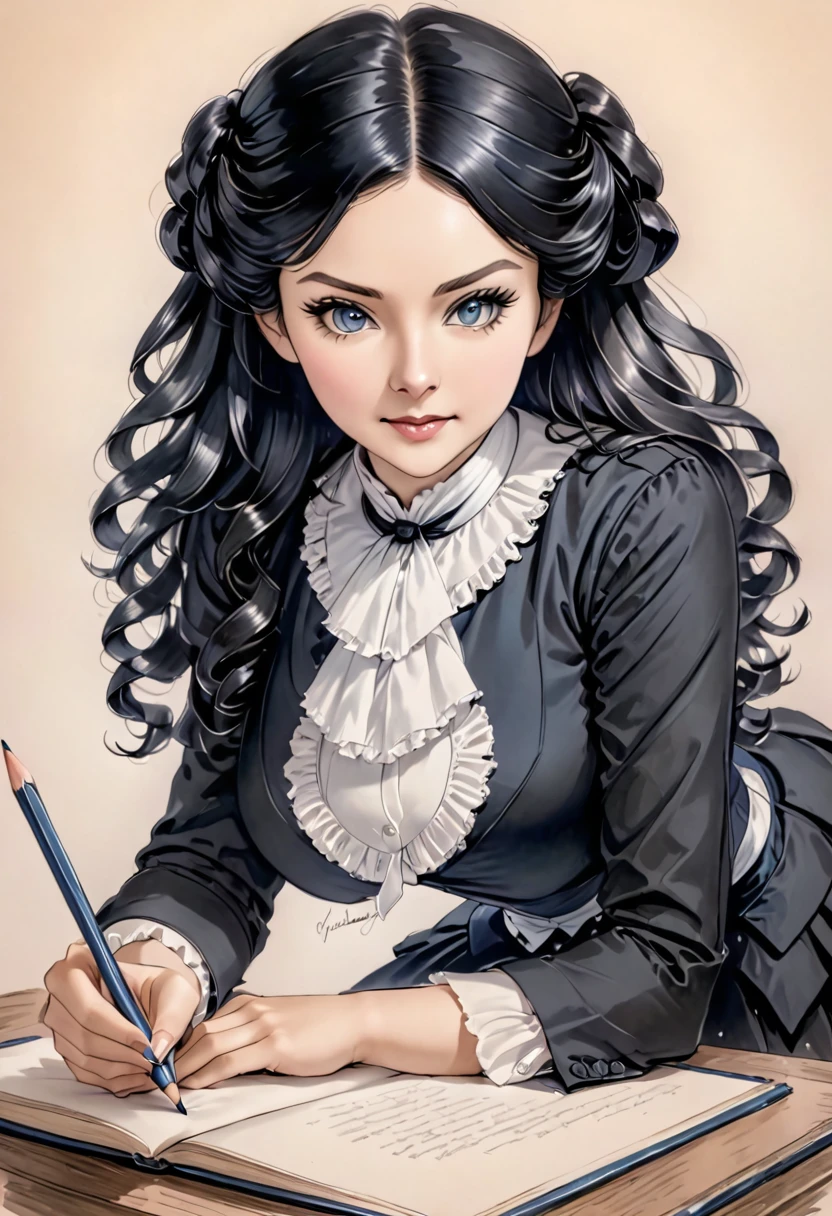 A pencil drawing of a young victorian governess, curly black hair. Kind and inteligent energy.