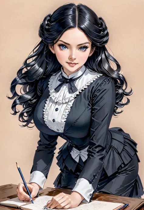 a pencil drawing of a young victorian governess, curly black hair. kind and inteligent energy.