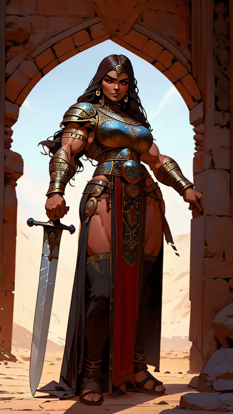 fullbody view, (((muscular))) beautiful persian woman, long dark hair, woman in medieval setting, wearing ornate plate armour wi...