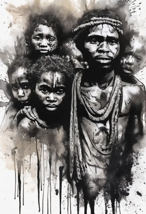 black ink art, shilouete, a group of refugees, papuan, melanesian, tribes, human displacement, man and woman, expression ink, sm...