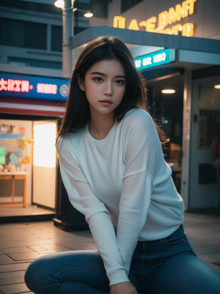 (Dynamic medium shot:1.2), (Best quality:1.2), neon sign light, (drizzling:1.3), 23y, 1girl, indonesian, long sleeve shirt and jeans, sneakers, (cute face:1.2), squating and leaning in front of a closed shop, outdoor, there was a cat, newspaper, waiting, dynamic pose, film looks, natural, dark lighting, aesthetic, ultra highres, sharp focus, highly detailed, detailed face and eyes, creative direct photography, film bokeh, surreal view, shot by eos c with 35mm lens, movie angle, Portrait by annie leibovitz, midjourney v6