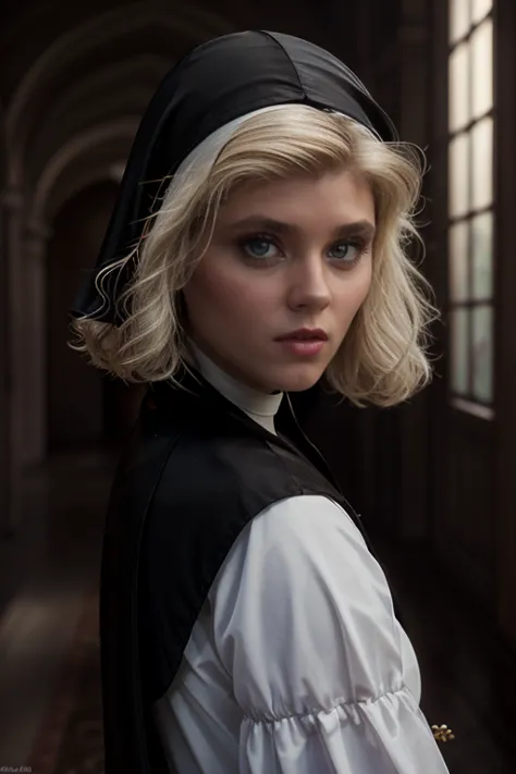 Masterpiece, (a close shot:1.3), (A beautiful shy catholic 18 years old nun girl with blonde hair, ultra realistic face, ultra d...