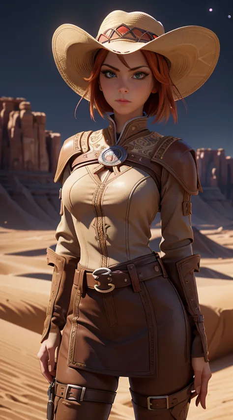 a raiden shogun ei, happy seductive girl, in a desert, cowgirl outfit, beautiful detailed eyes, beautiful detailed lips, extreme...