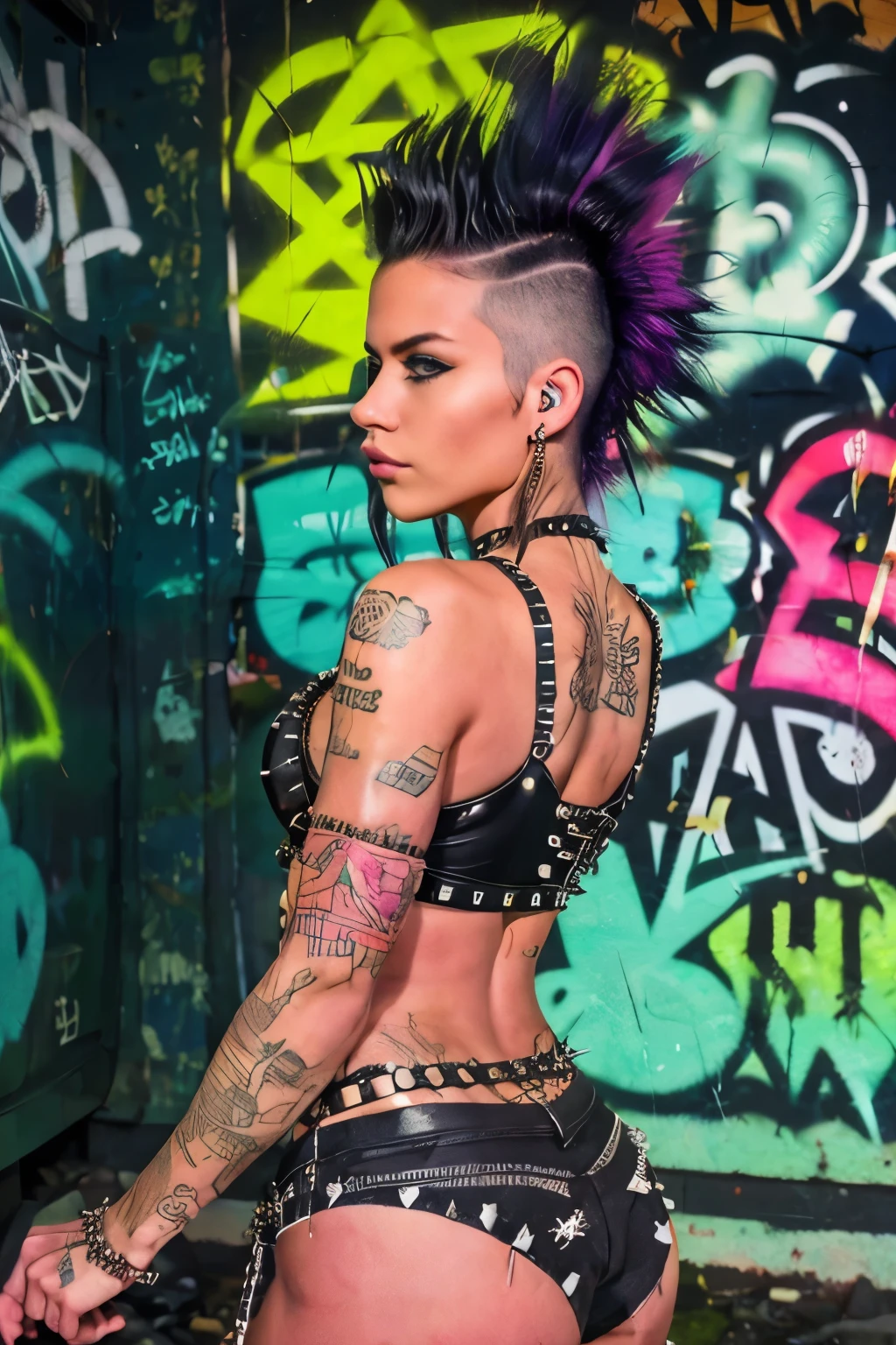 Photorealistic, ultra-detailed, ((side viewer)), (((Rocker punk girl, spiky mohawk hair))) girl, hot Body,  bikini, mini Black shorts, spike and chains, tattoo. portrait photo, Solo, dimly lit room, edgy urban scene with graffiti, dark and moody, late evening, city lights flashing, neon lighting The essence of rock and roll, fringe hair, 18 years old, assertive, confident expression, showcasing multiple piercings, blurry background, Crystal clear eyes gleaming with passion, analogue style, grunge texture, Best contrast, industrial, Instagram LUT, Professional, 4k, electrifying gaze, shot on Nikon, 50mm, shallow depth of field,  ((Abandoned Graffiti Wall Background, cinematic lighting )).