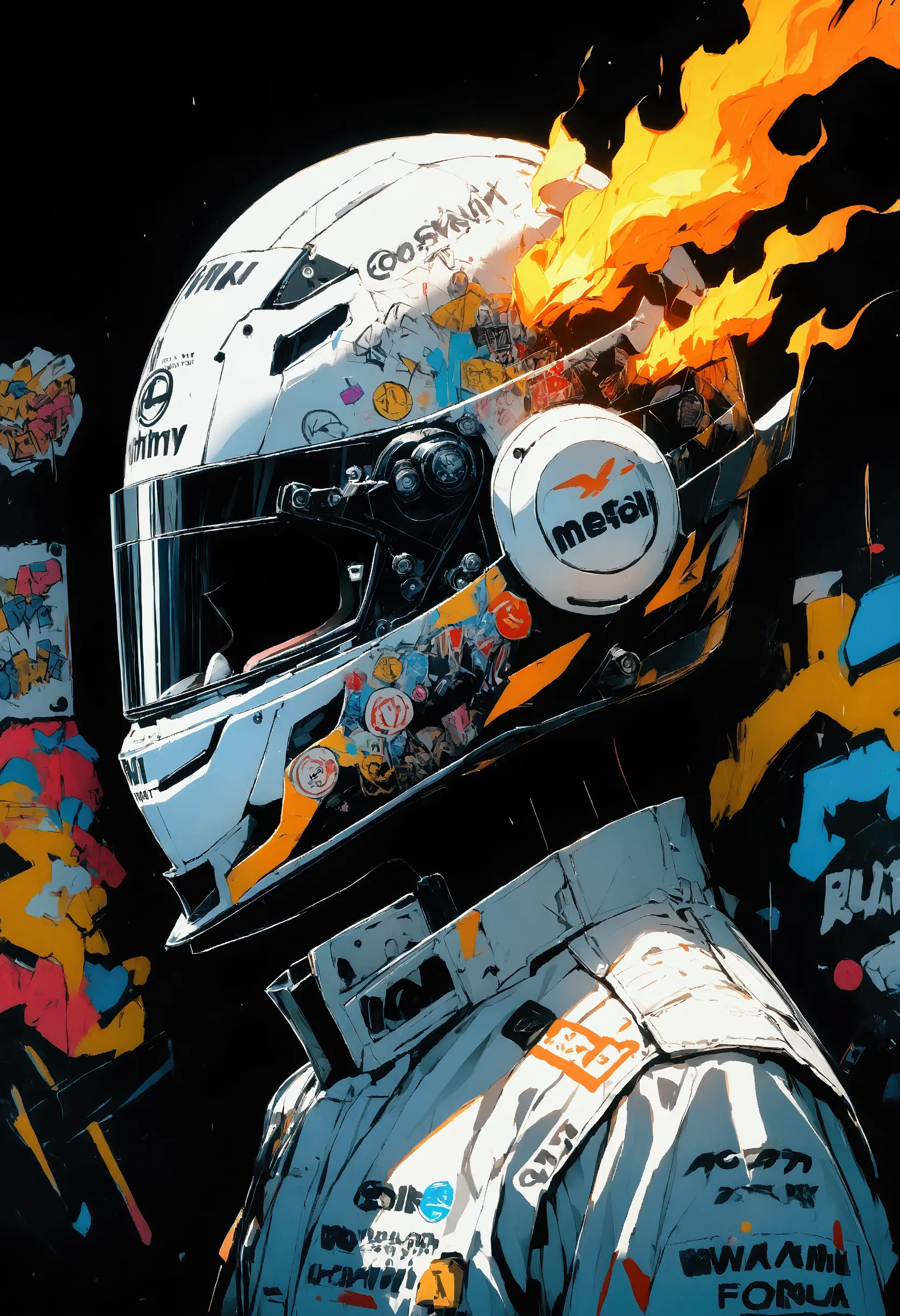 formula 1 helmet, profile view, stickers and graffiti, letters, 0.1, white helmet black background