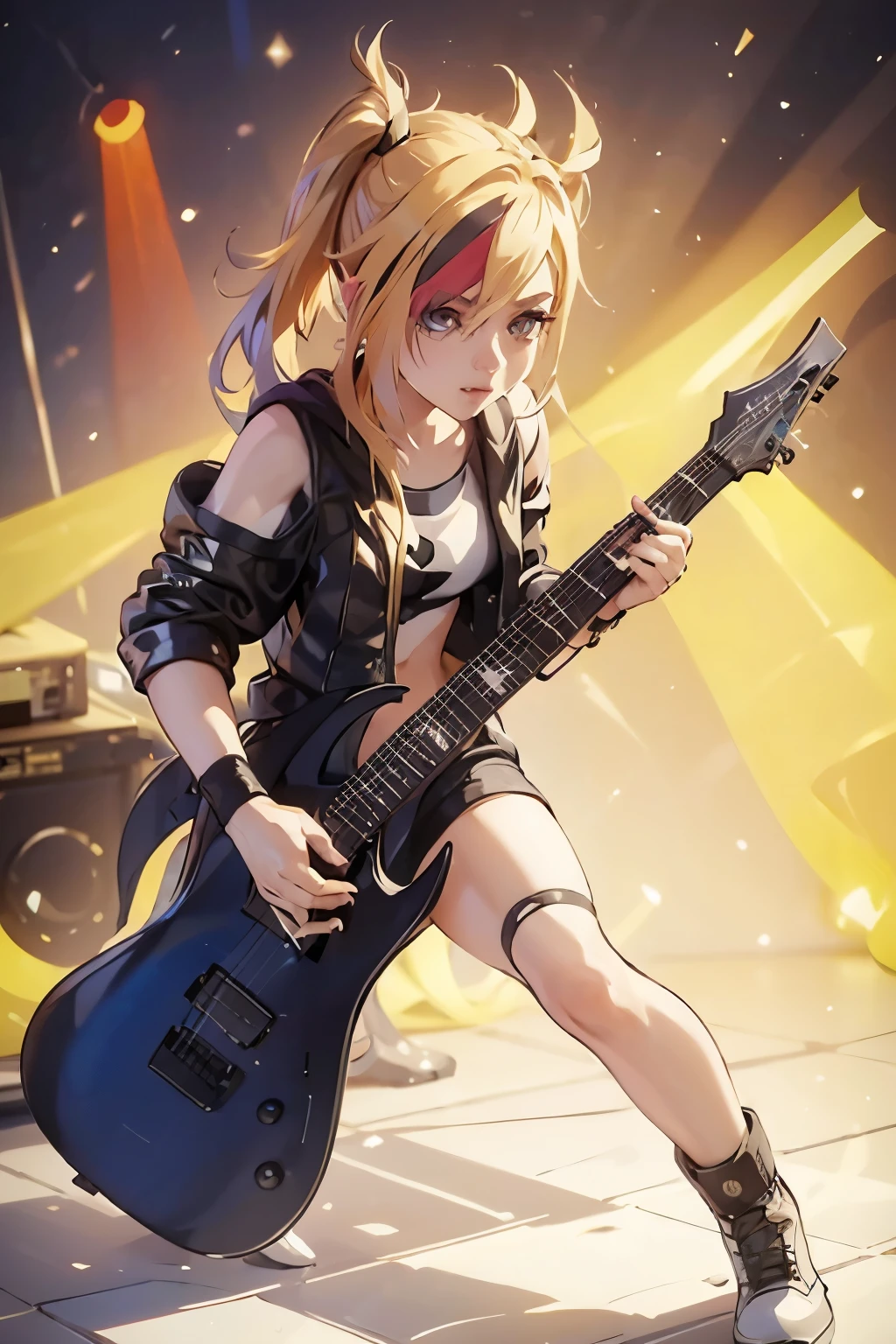 realistic:1.2, Rocker girl wearing a leather jacket,slim body shape、Normal bust size,  full body shot, １two electric guitars, clothes with spikes,white tank top、Navel exposed、low rise leather shorts,tattoo,earrings dark lipstick, blue eyes,blonde twintail hair,black ribbon, beautiful and perfect legs, confident look, punk style ,dynamic pose, dynamic lighting, brightly colored stage,colorful stage lights, ant alexa 65, 50MM lens