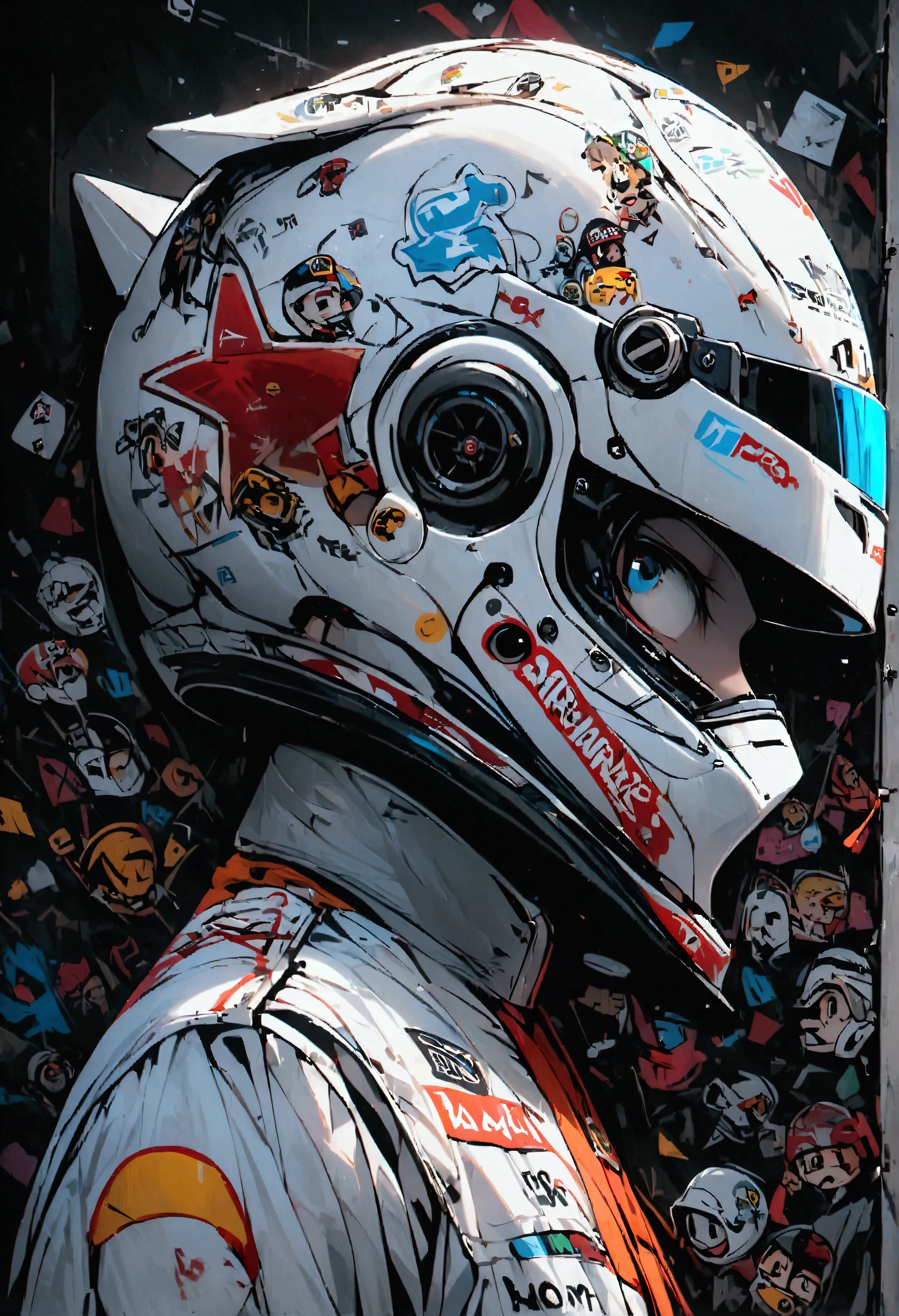 formula 1 helmet, profile view, stickers and graffiti, letters, 0.1, white helmet black background