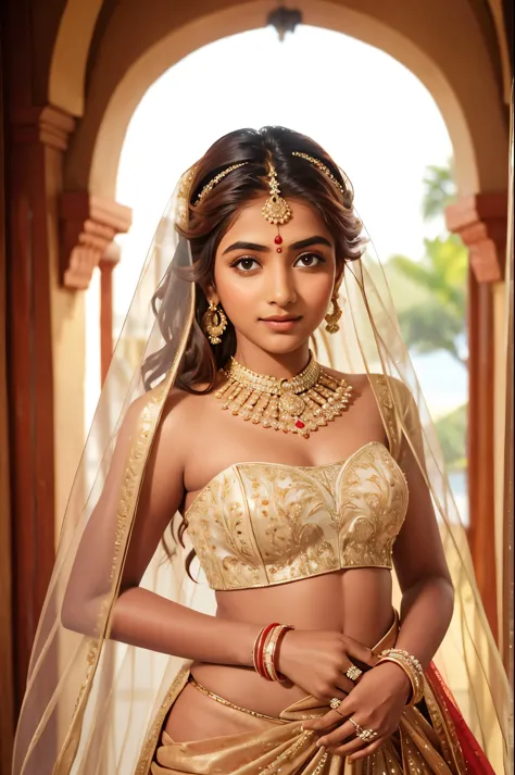 a indian girl, wearing bridal dress, jewellery, looking to viewers,