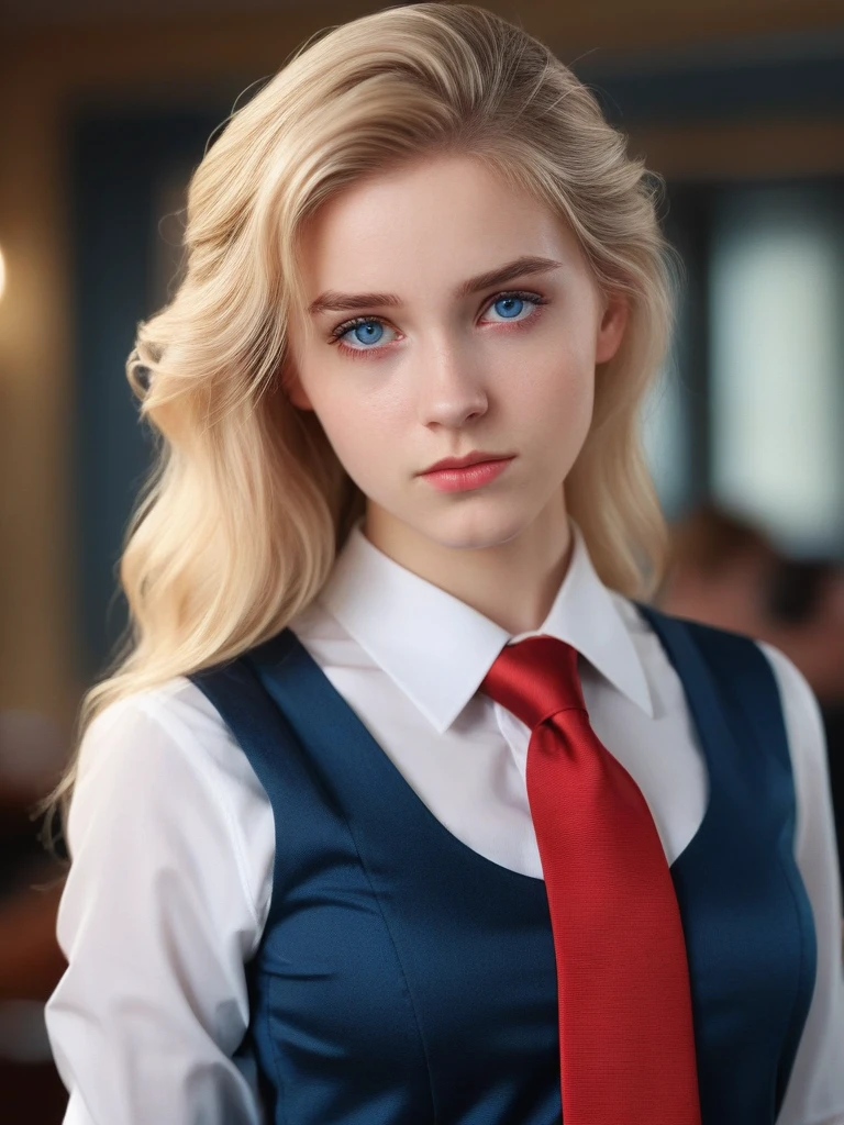 1 girl, Alone, work of art, a beautiful woman, 20-year-old woman, intricate details, realistic, blurred background, focus,

Lighting, cinematic,

Close, detailed eyes,

Bright hair, bright, shiny skin, shiny clothes,

Blonde hair, blue eyes,

Black skirt, white shirt, red tie, serreds,

Beautiful Delphine