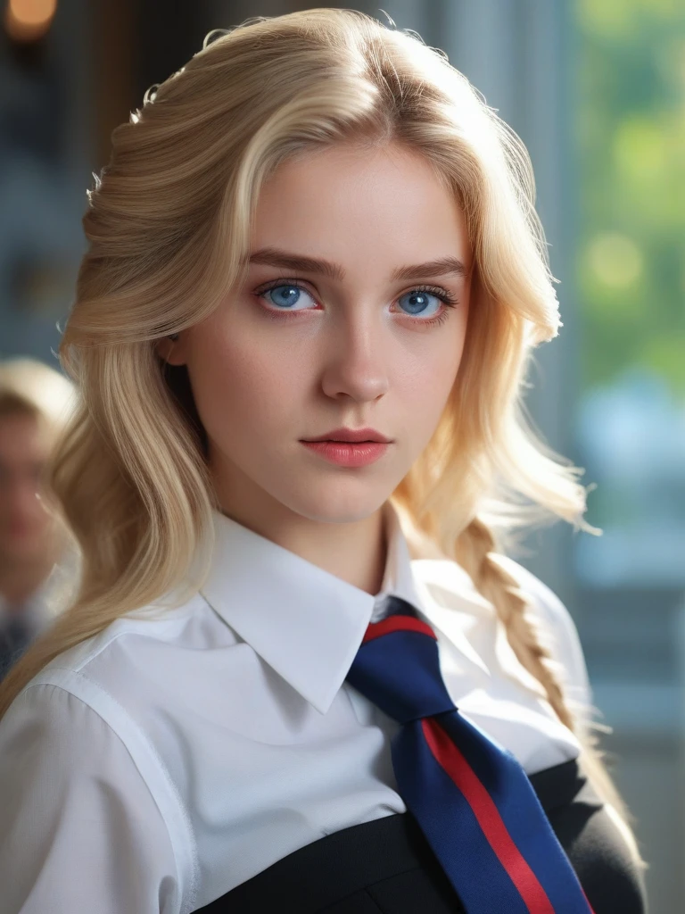 1 girl, Alone, work of art, a beautiful woman, 20-year-old woman, intricate details, realistic, blurred background, focus,

Lighting, cinematic,

Close, detailed eyes,

Bright hair, bright, shiny skin, shiny clothes,

Blonde hair, blue eyes,

Black skirt, white shirt, red tie, serreds,

Beautiful Delphine