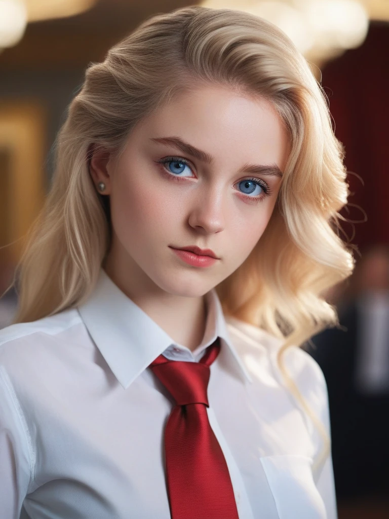 1 girl, Alone, work of art, a beautiful woman, 20-year-old woman, intricate details, realistic, blurred background, focus,

Lighting, cinematic,

Close, detailed eyes,

Bright hair, bright, shiny skin, shiny clothes,

Blonde hair, blue eyes,

Black skirt, white shirt, red tie, serreds,

Beautiful Delphine