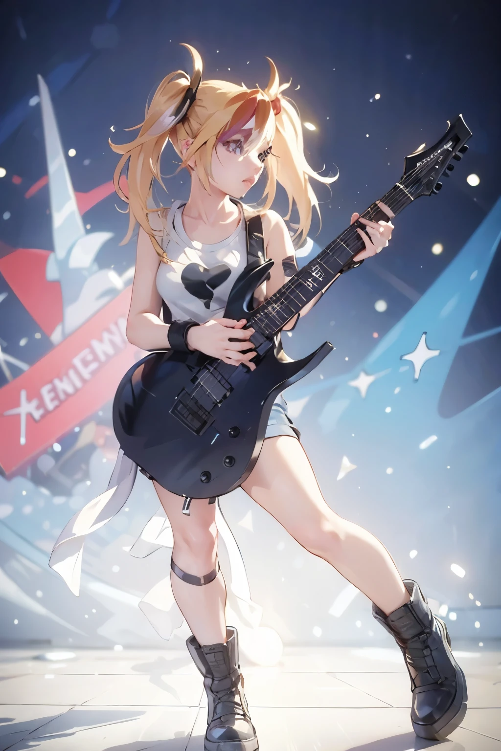 realistic:1.2, Rocker girl wearing a leather jacket,slim body shape、Normal bust size,  full body shot, １two electric guitars, clothes with spikes,white tank top、Navel exposed、low rise leather shorts,tattoo,earrings dark lipstick, blue eyes,blonde twintail hair,black ribbon, beautiful and perfect legs, confident look, punk style ,dynamic pose, dynamic lighting, brightly colored stage,colorful stage lights, ant alexa 65, 50MM lens