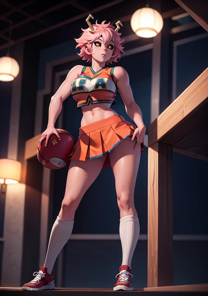 mina ashido, 1girl, solo, looking at viewer, short hair, simple background, yellow eyes, pink hair, horns, colored skin, colored sclera, black sclera, pink skin, U.A. CheerUniform, orange skirt, (bare belly), perfect shading, bare shoulders, big breasts