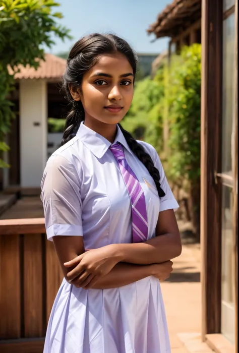 A beautiful Sri Lankan school girl wearing a white transparent frock and colorful tie, white shoes and socks, with a plait hairstyle, full body shot, raw photo, photorealistic, realistic rendering, detailed face, intricate details, high quality, ultra-detailed, 8k, studio lighting, natural light, vibrant colors, warm color palette, soft focus, sharp focus, cinematic lighting, masterpiece, hyperrealism