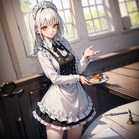 1girl, solo, cowboy shot, 
blanc \(nikke\), white hair, yellow eyes, long hair, 
waitress, apron, long sleeves, frills, black sk...