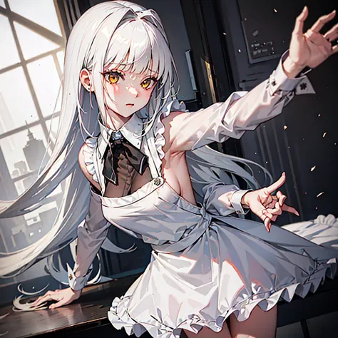 1girl, solo, cowboy shot, 
blanc \(nikke\), white hair, yellow eyes, long hair, 
waitress, apron, long sleeves, frills, black sk...