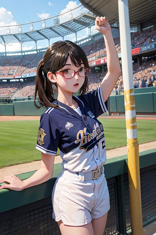 Highest quality、masterpiece、High sensitivity、High resolution、Detailed Description、Slender women、Glasses、Brass band、baseball Ground、High school baseball cheering、