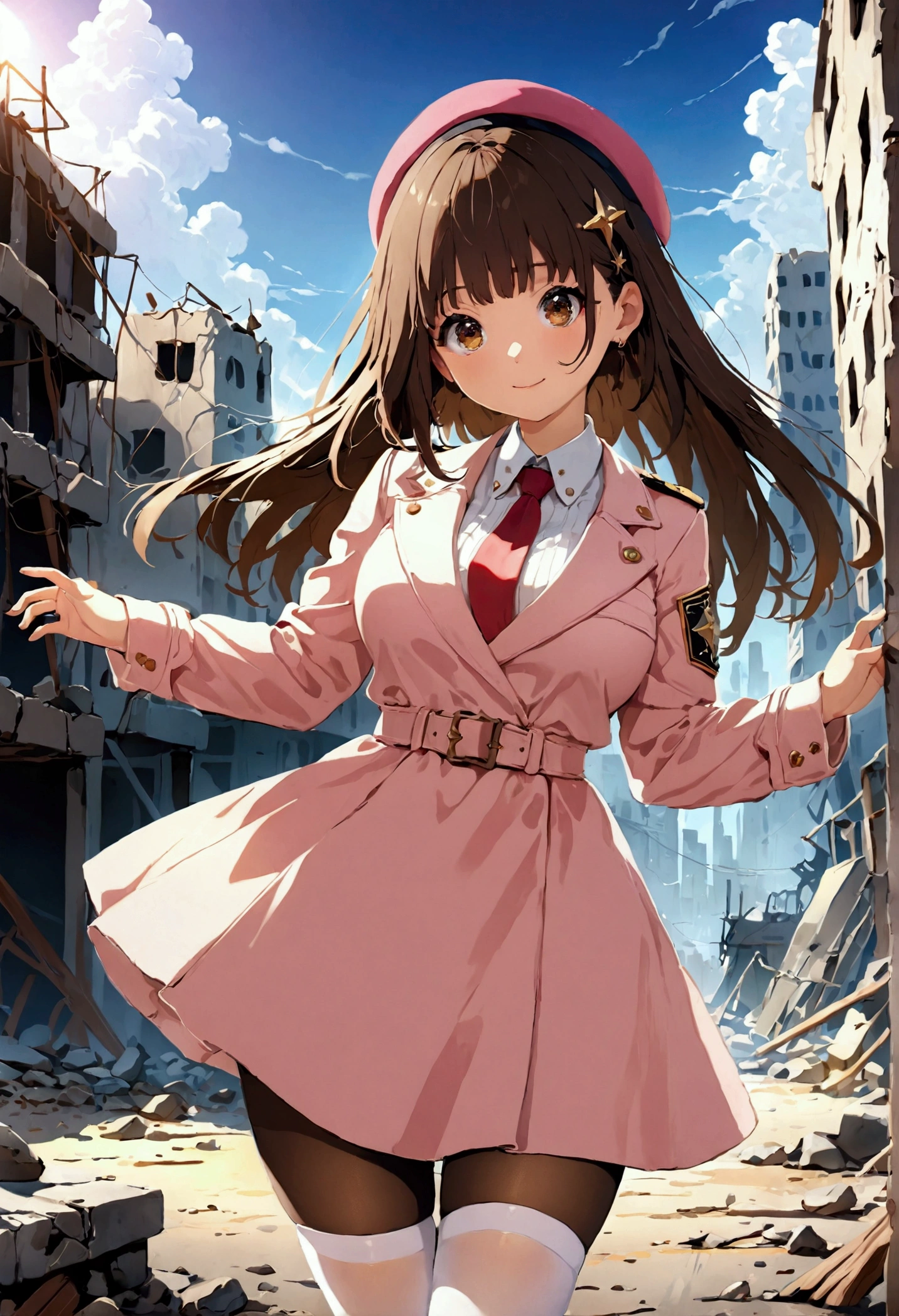 ((1girl)),  super fine illustration, vibrant colors, absurdres extremely detailed CG, 8k wallpaper, (masterpiece:1.3), dynamic angle, dynamic pose, 
best quality, depth of field, cinematic lighting, ultra detailed, brown long hair, very straight hair, large breast, white knit dress , 20yo, cute, very baby face, brown eyes, kawaii, tender smile, droopy eyes, combat, pink leotad, beret, pink hat, red necktie, pink military jacket, white thighhighs pantyhose, modern military rifle, ruin city, Post-apocalypse