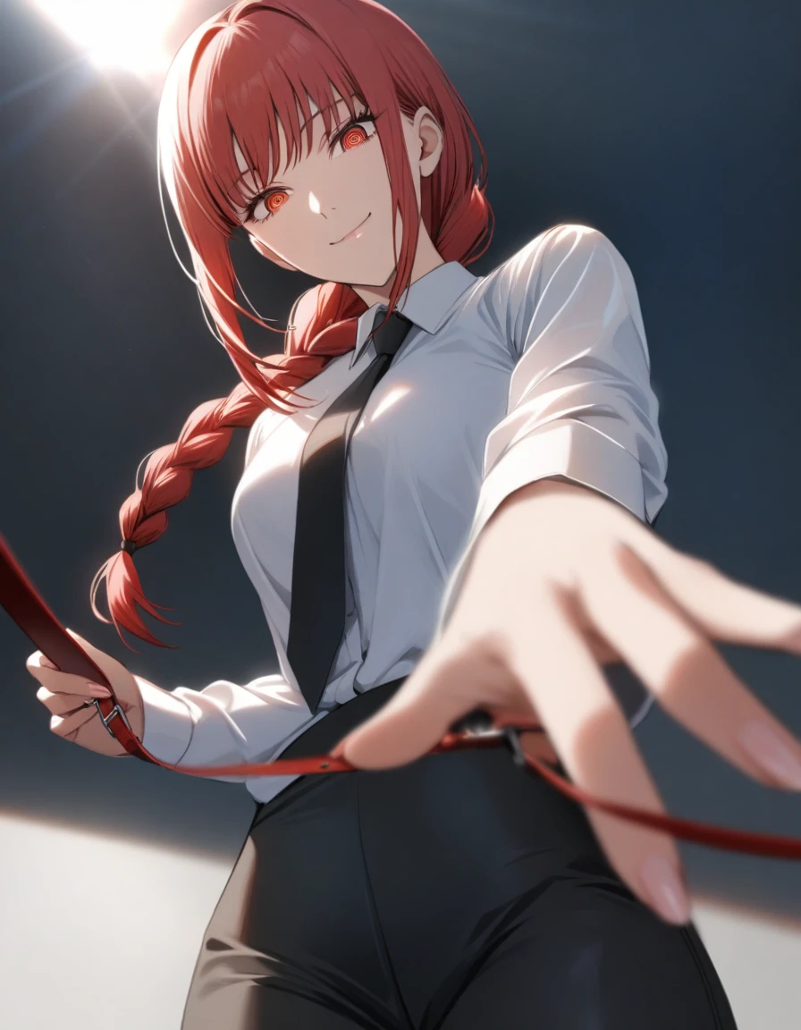 1girl,makima(chainsaw_man),black_necktie,black_pants,braid,braided_ponytail,breasts,closed_mouth,collar,collared_shirt,cowboy_shot,fingernails,giving,hair_over_shoulder,head_tilt,holding dog leash,pulling leash,long_hair,long_sleeves,looking_at_viewer,looking_down_at_viewer,necktie,outstretched_arm,pants,red_eyes,red_hair,ringed_eyes,shirt,smile,solo,sunlight,unworn_collar,white_shirt,