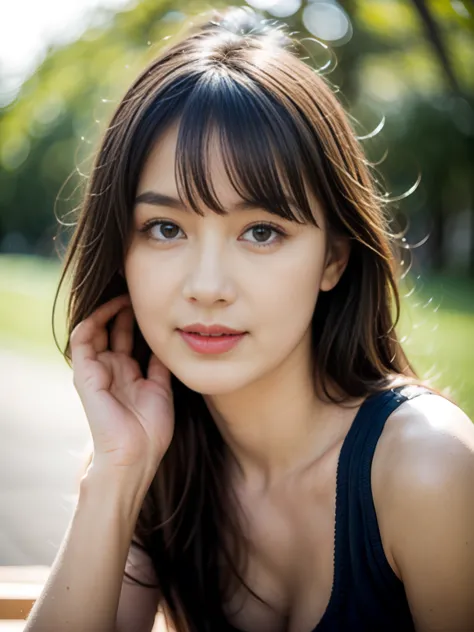 17 years old girl, soft wave long blunt bangs black hair, well formed facial features, calm peaceful happy expression, sexy, sen...