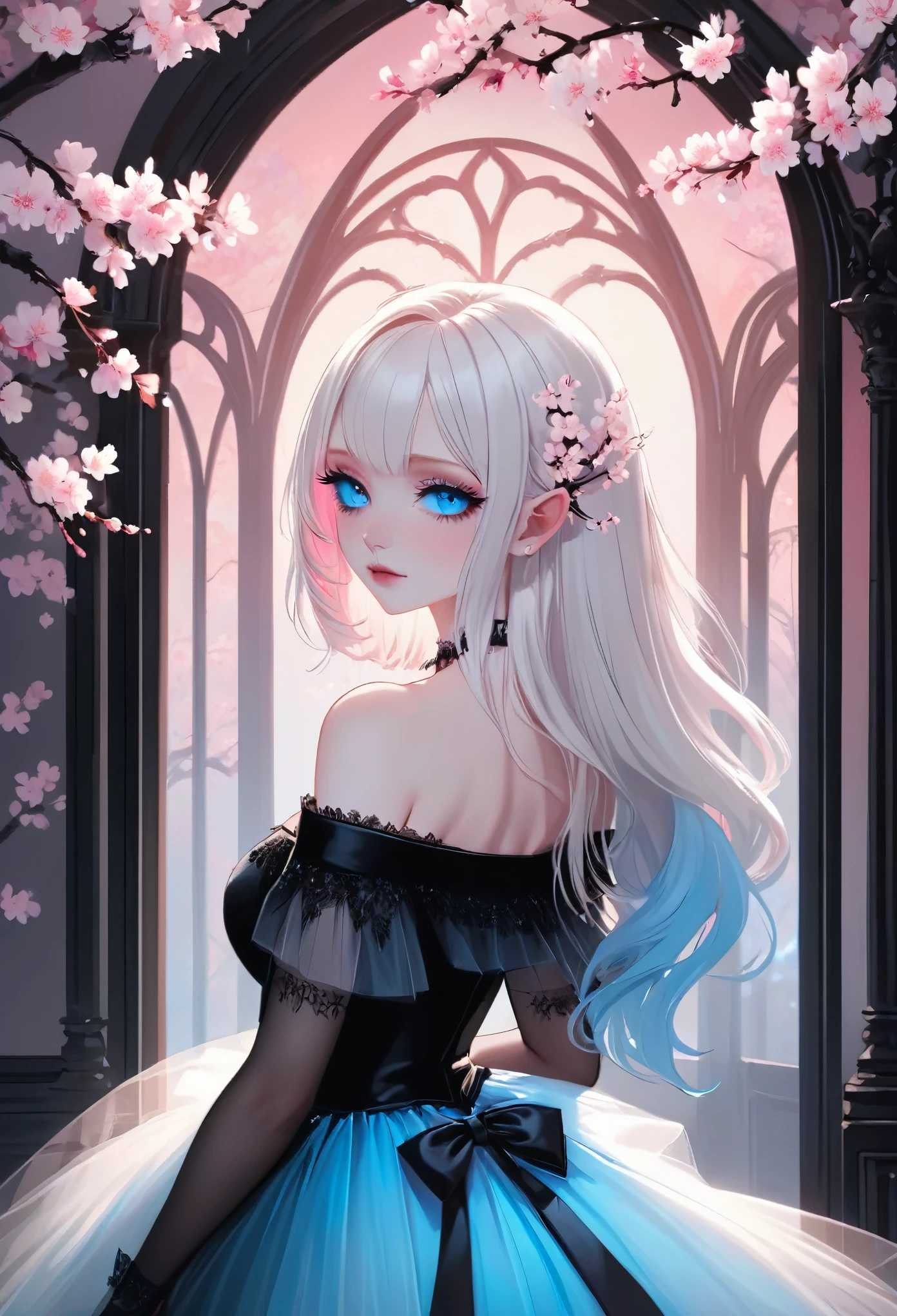 best quality, masterpiece, beautiful artwork. gradient black and pink room, a very pale white skinned vampire girl with tiara, (blue eyes:1.4), (wearing off shoulder top, black tulle skirt:1.3), (gothic aesthetic:1.2), long white hair, cherry blossoms, well lit,  pastel goth, vivid color palette 