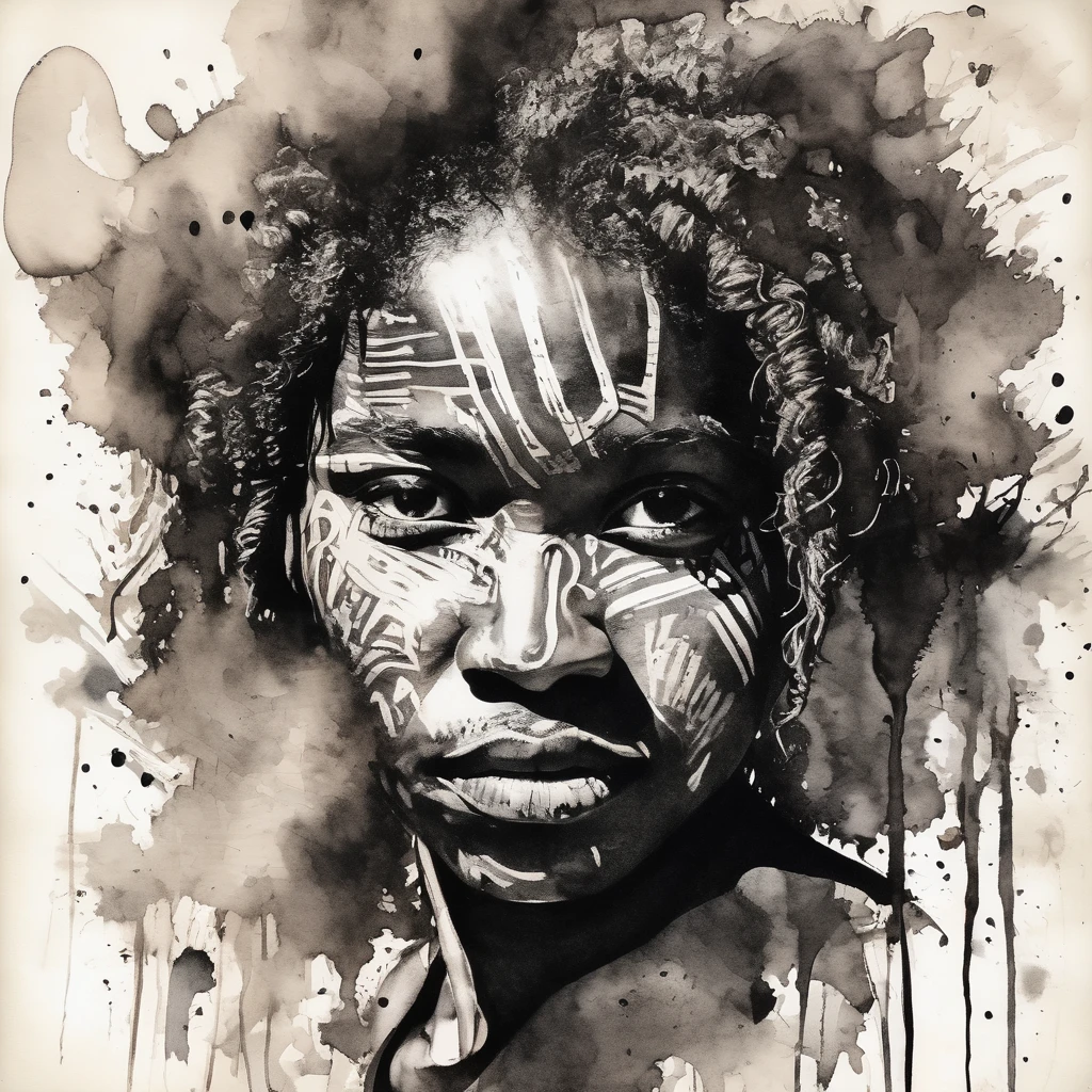 black ink art, shilouette, face of refugees, papuan face, melanesian, tribes, man and woman, expression ink, smudge, ink stain, dark skin, curly hair