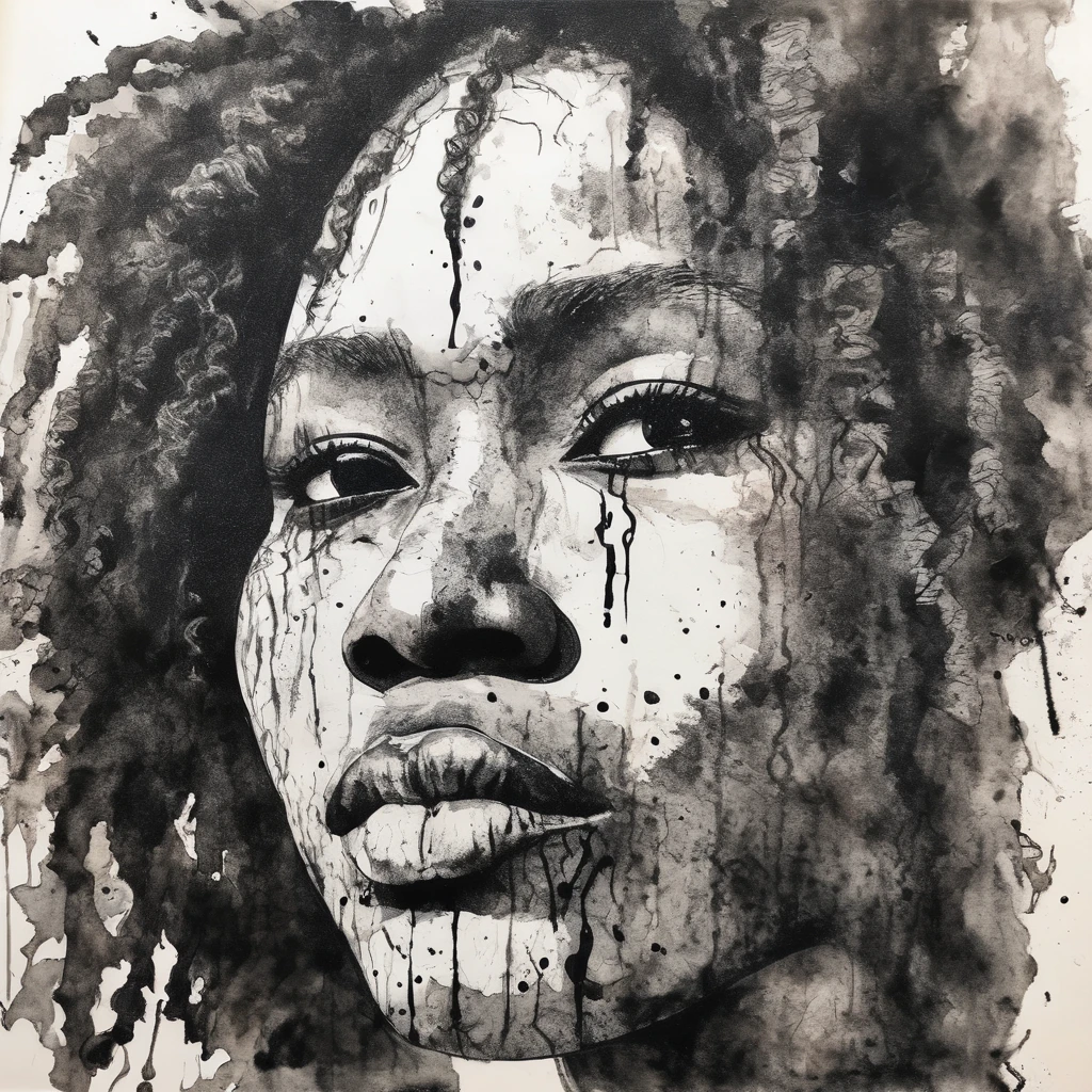 black ink art, shilouette, face of refugees, papuan face, melanesian, tribes, man and woman, expression ink, smudge, ink stain, dark skin, curly hair