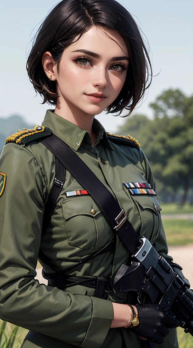 light smile, glowing skin, better quality, illustration, (realistic:1.4) 인도 여성 soldier, indian female officer, soldier, military uniform