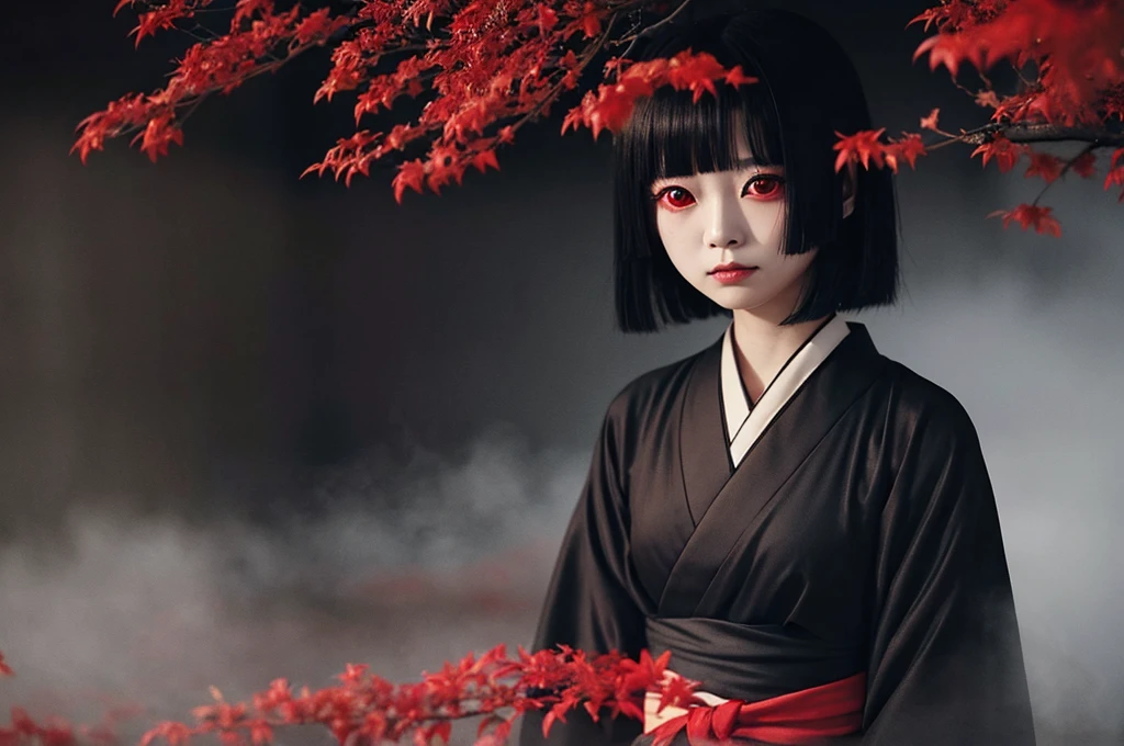 Highest quality、masterpiece、Highest detail、Japanese Yokai、A  hell girl floating in the darkness、Beautiful girl with bob hair、Vermilion eyeliner、A simple, thin kimono with red frills on the chest、Glare、Feeling fear、Dense foggy black background、Multiple exposure dense fog