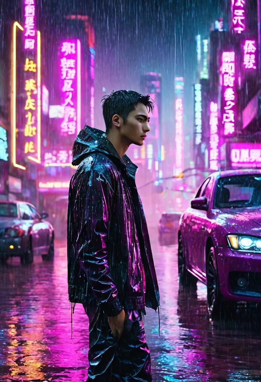 (work of art, best qualityer, high resolution, unit wallpaper 32 thousand, extremely detailed CG:1), (faint illustration on stage:1.0), ((1 handsome young man:1.55 por cyberpunk:1.5 )),(( Cyberpunk night city:1.4)), futuristic cars neon signs,rain in a dark place, ((wet clothes magenta neon lights illuminating the young man perfectly:1.45) . 32 mil