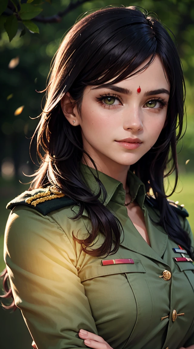 sonrisa ligera, piel brillante, mejor calidad, ilustración, (Realista:1.4) 인도 여성 soldado, oficial india, soldado, uniforme militar