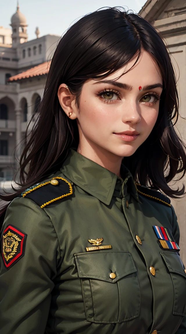 light smile, glowing skin, better quality, illustration, (realistic:1.4) 인도 여성 soldier, indian female officer, soldier, military uniform