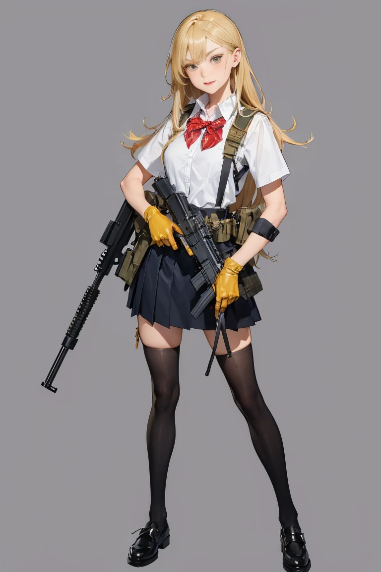 1girl, solo, skirt, blonde hair, simple background, thighhighs, gloves, white background, holding, , yellow eyes, weapon, teeth, holding weapon, gun, sharp teeth, holding gun, rifle, assault rifle, holster, trigger discipline, thigh holster, scope, holstered weapon, load bearing vest, ar-15, extremely detailed, dynamic angle, cowboyshot, the most beautiful form of chaos, elegant, a brutalist designed, vivid colours, romanticism, by james jean, roby dwi antono, ross tran, francis bacon, michal mraz, adrian ghenie, petra cortright, gerhard richter, takato yamamoto, ashley wood, atmospheric ((best quality,4k,highres,masterpiece:1.2)),((character concept art)), 1 female, teenage female, Gyaru high school girl, ((dyed brown or blonde long hair)), hair styled with lots of accessories, (tan skin colour), ultra finely detailed eyes (decorative contact lenses), fashionable, outgoing, socially active, slim body build, ((intricate detail)), super finely detailed hands, ultra finely detailed fingers(((ten fingers))), wwearing white short sleeves school shirt with bowtie, gray school skirt, knee-length school socks, and black school loafers, heavy makeup, (standing casually), (full body showcase), (show full body), (no logos on background), (no logo), ((plain background)), ((plain background)), (((empty background)))