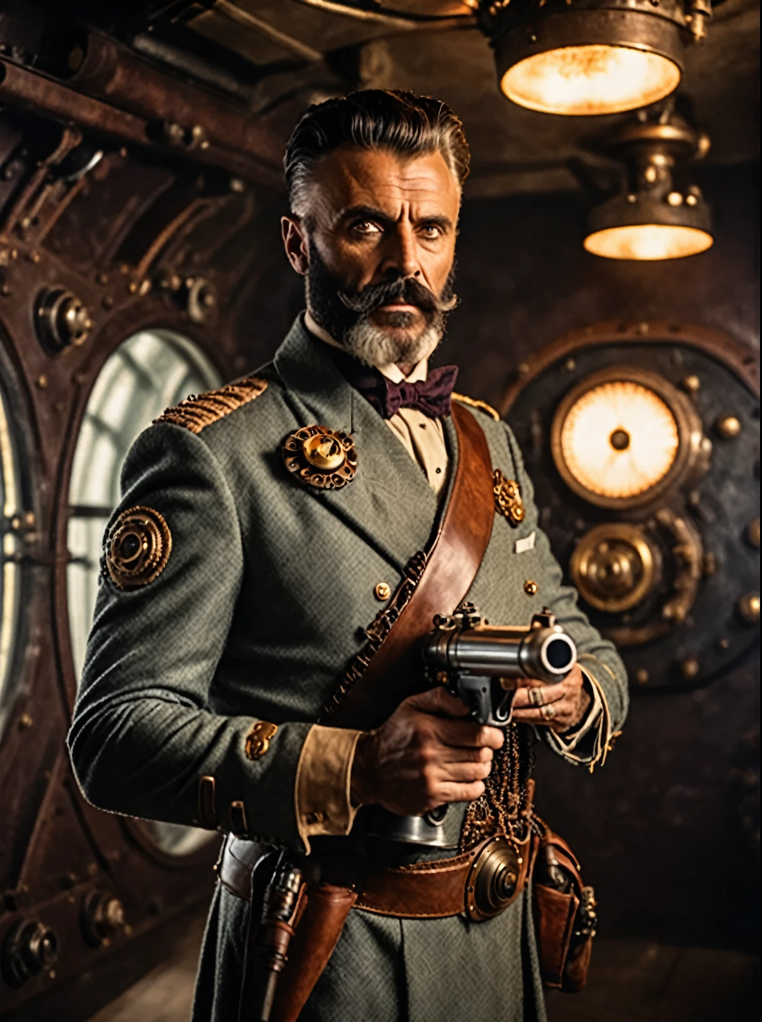 photo focus on male focus, indoors, realistic scenery, (captain nemo:1.1), retro-futuristic,  holding a ray gun, testing a ray gun at a firing range , ray beam,  steampunk nautilus-style. very wide shot, character photo portrait, film, professional, 4k